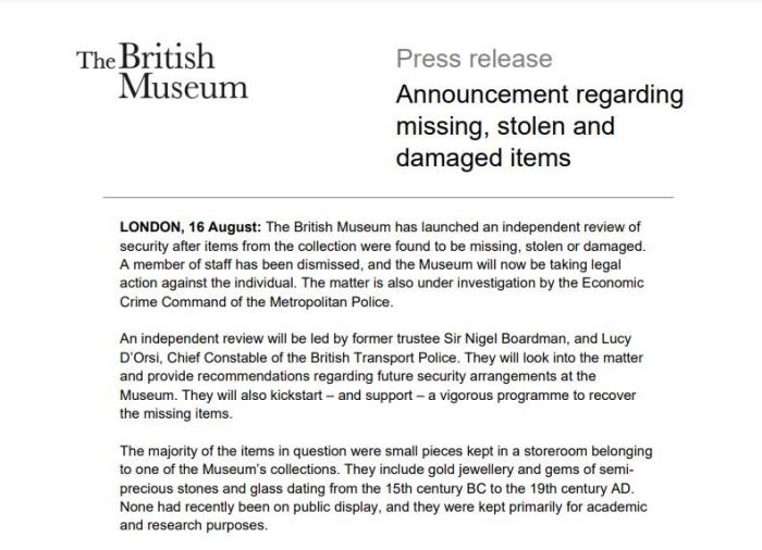 大英博物馆藏品被盗或为“内贼”？一名员工被解雇伦敦|员工|藏品