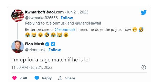 Meet to engage in a cage fight, where Musk and Zuckerberg engage in a verbal altercation across the air