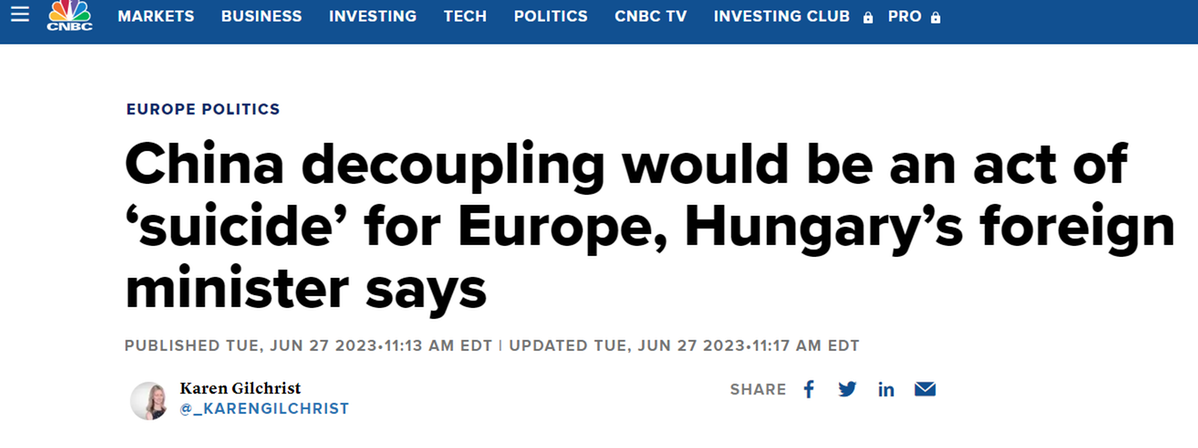 【中国那些事儿】匈牙利外长：欧洲如果寻求“对华脱钩”无异于“自寻短见”中国|欧洲|外长