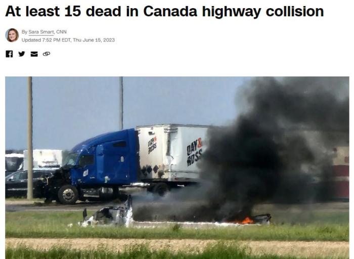现场燃起大火！,加拿大发生严重车祸至少15死加拿大|卡波里镇|车祸