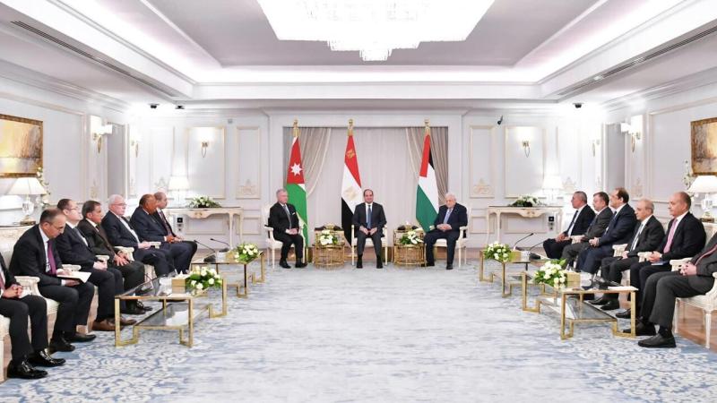 Reiterating their support for the legitimate rights and interests of the Palestinian people, the leaders of Egypt, Jordan, and Palestine issued a joint statement in Raman | Jordan | held | Egypt | supported | conference | leaders of the three countries | Palestine