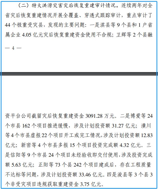 河南近百亿灾后重建资金出问题审计厅|河南省|问题