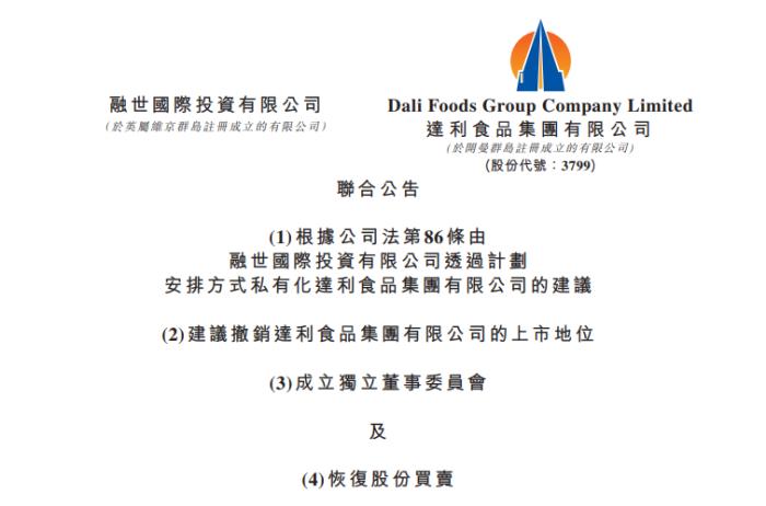 Dali Food doesn't want to play anymore?, Stock price too low for listing | Stock price | Shares | Announcement | Snacks | Market | Xu Shihui | Food