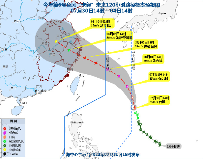 对上海影响比“杜苏芮”严重,新台风“卡努”预计8月2日在浙江沿海登陆上海|台风|卡努