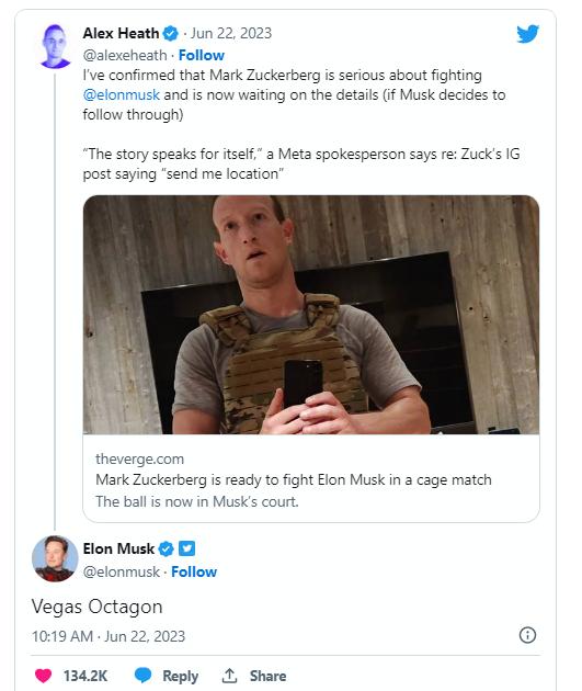 Meet to engage in a cage fight, where Musk and Zuckerberg engage in a verbal altercation across the air